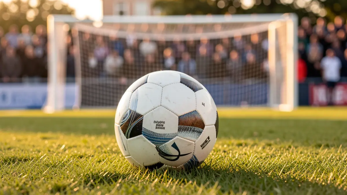 Imaxe xenérica dun balón de fútbol sobre herba con rede borrosa ao fondo.