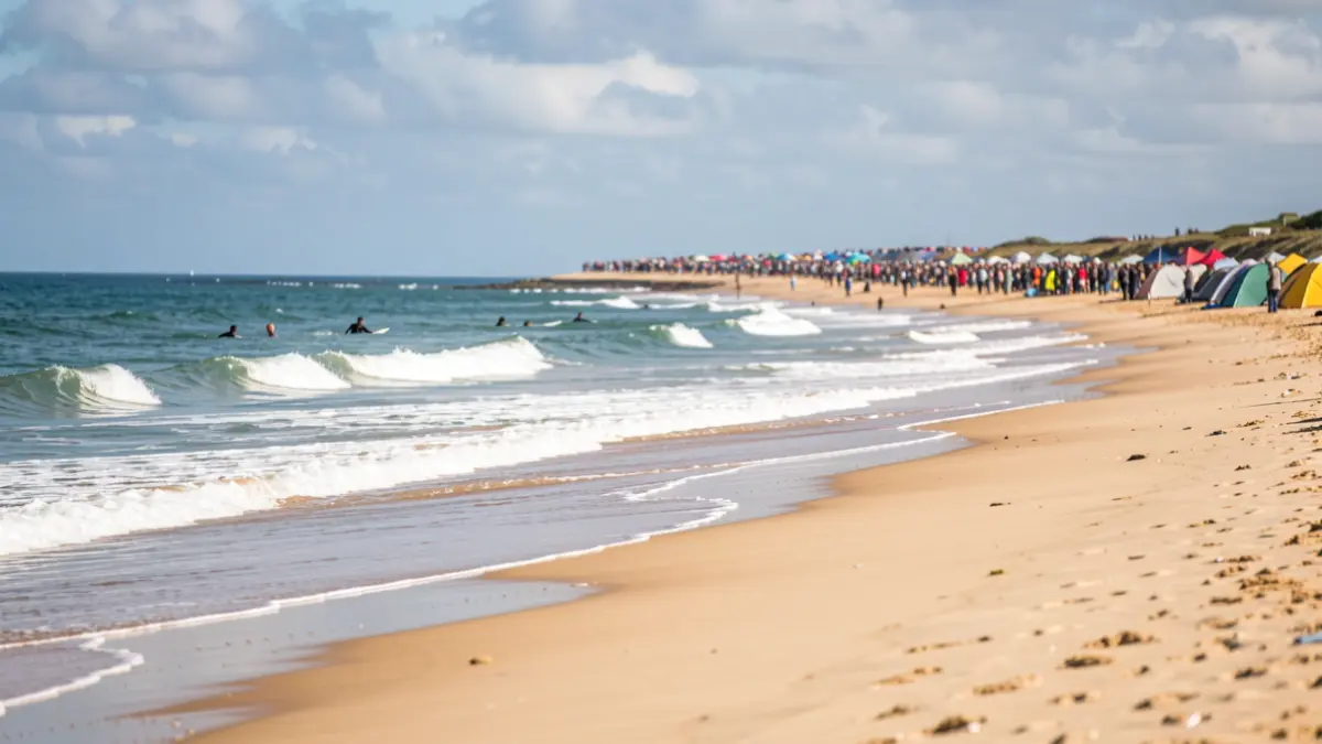 Imagen genérica de una playa gallega con surfistas y público.