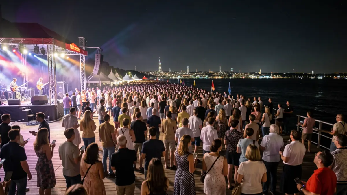 Imaxe xenérica dun festival de música ao aire libre pola noite nun peirao, con luces de escenario e unha multitude.