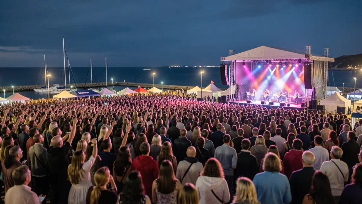 Imagen genérica de un festival de música nocturno con público y escenario.