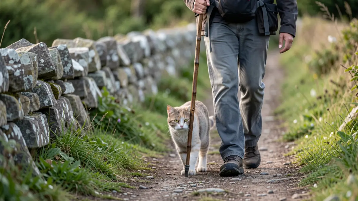 Un gato pequeño sigue a un peregrino por el Camino de Santiago en un entorno rural gallego.