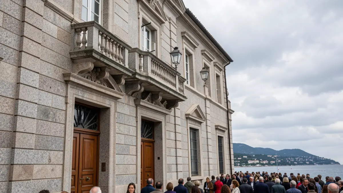 Imagen genérica de un ayuntamiento de piedra con balcón y cielo nublado.