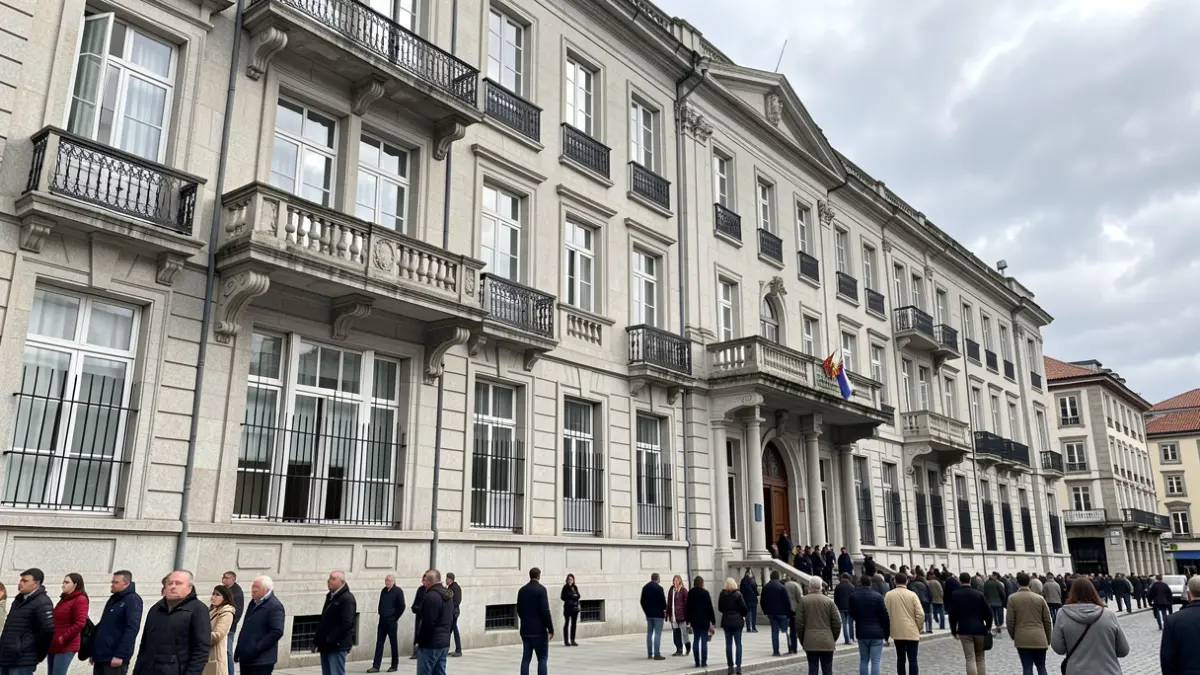 Fachada dun edificio institucional de granito en Galicia baixo un ceo nubrado.