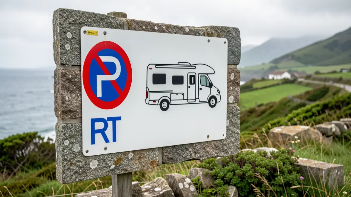 Imaxe xenérica dun sinal de prohibición de aparcamento para autocaravanas nunha zona costeira galega.