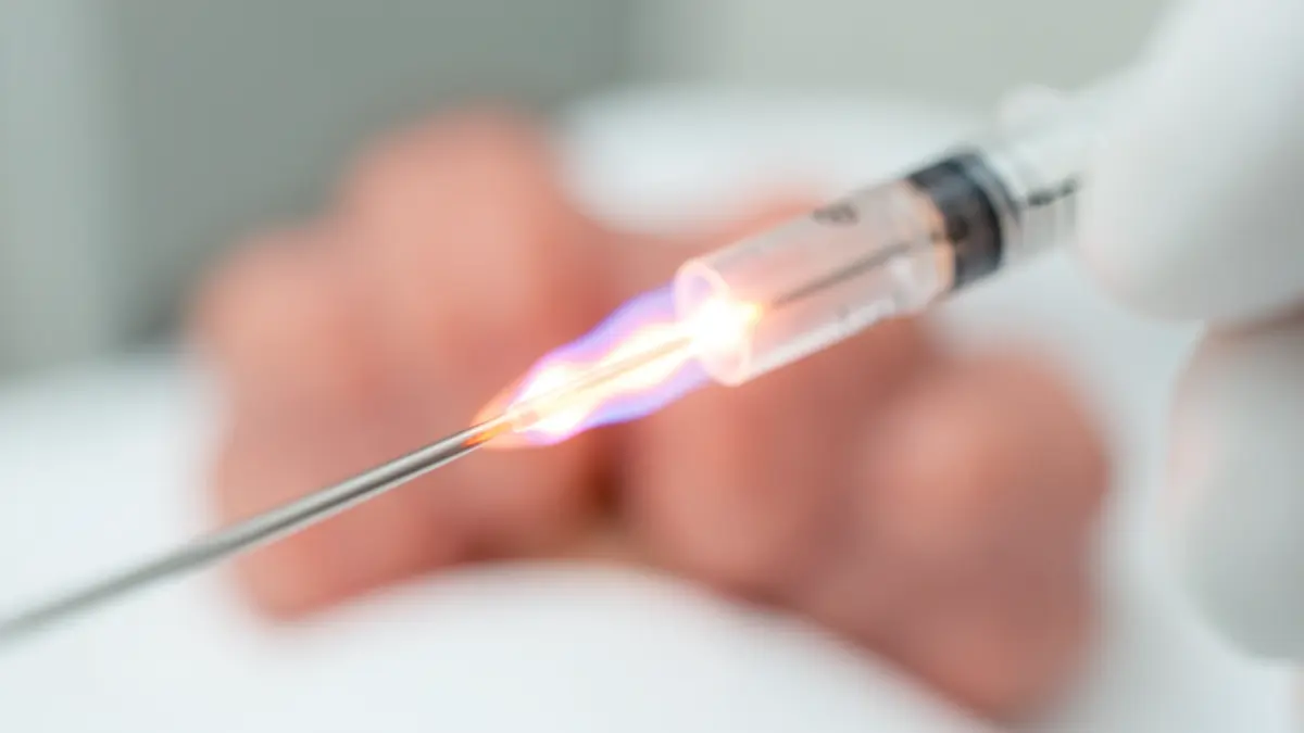Primera imagen de una aguja médica emitiendo calor para tratar nódulos tiroideos.