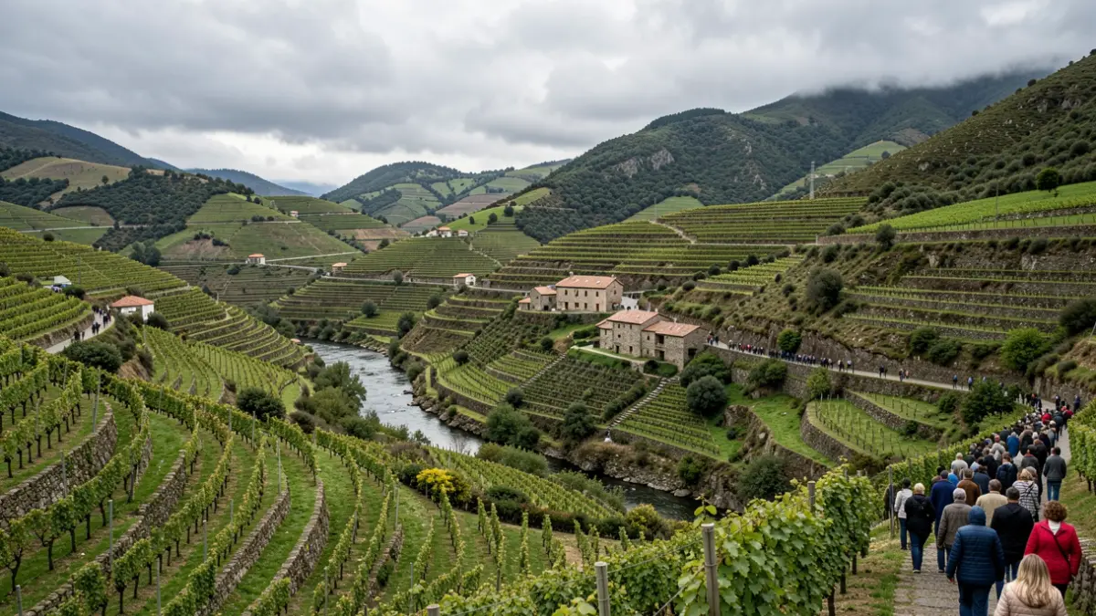 Imaxe panorámica da paisaxe da Ribeira Sacra con socalcos de viñedos e o río.