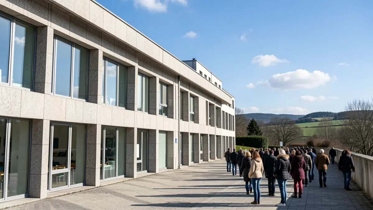 Imagen de un moderno edificio educativo con detalles de granito y grandes ventanales bajo un cielo despejado.