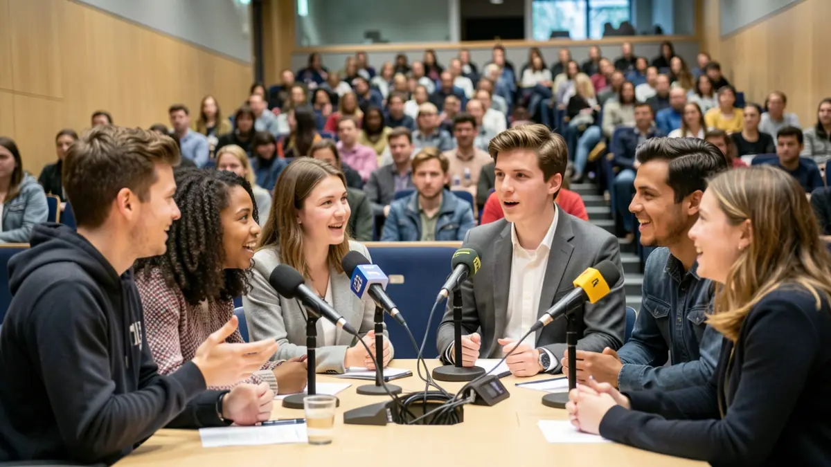 Imagen de un grupo de jóvenes debatiendo en un auditorio moderno.