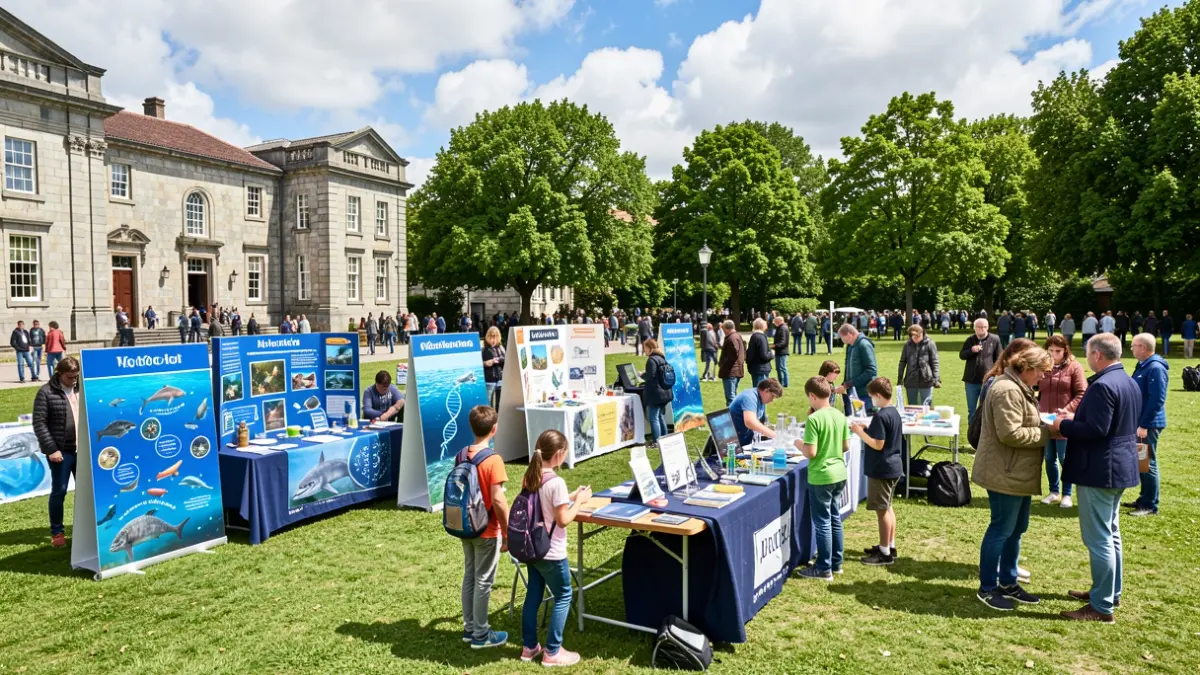Imagen de una feria científica al aire libre en Vigo con exposiciones sobre vida marina y ADN.