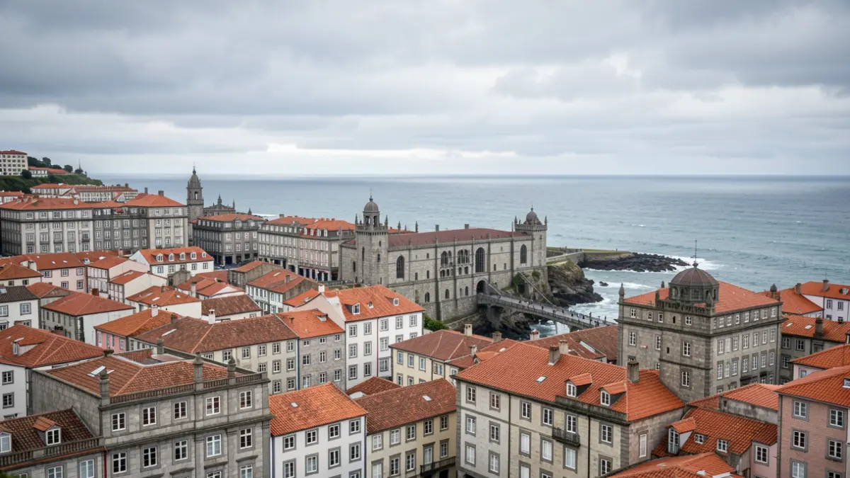 Imaxe xenérica dunha cidade galega con arquitectura de granito e o mar de fondo, baixo un ceo nubrado.