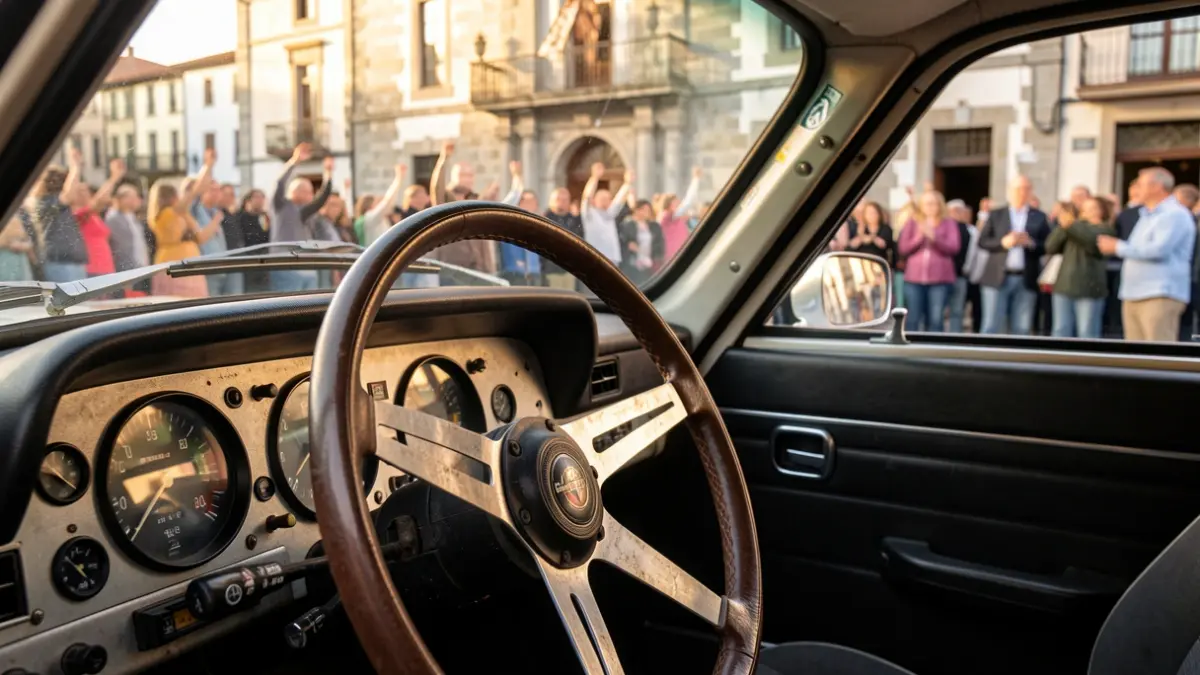 Primer plano del volante y salpicadero de un coche de rally antiguo, con una multitud animando y un ayuntamiento de granito gallego desenfocados al fondo.