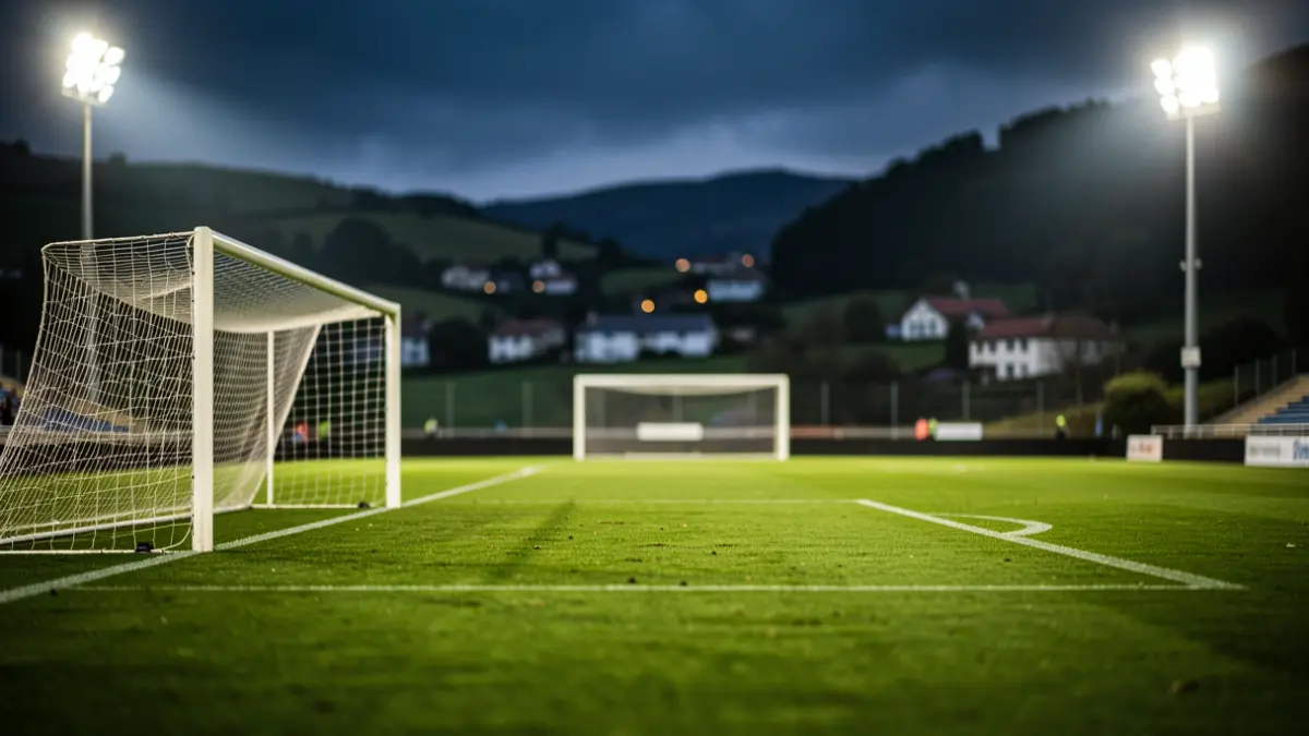 Imagen genérica de un campo de fútbol con luces de estadio desenfocadas.