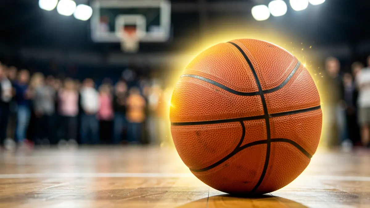 Imaxe xenérica dunha pelota de baloncesto sobre unha cancha con luces desenfocadas.