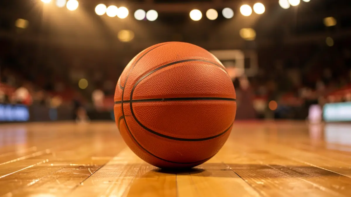 Imaxe xenérica dun balón de baloncesto sobre unha pista de xogo.