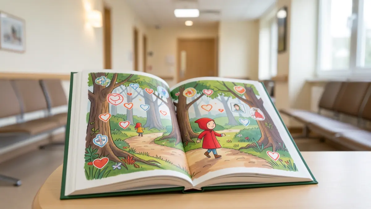 Imagen de un libro interactivo gigante sobre salud cardiovascular en un hospital.