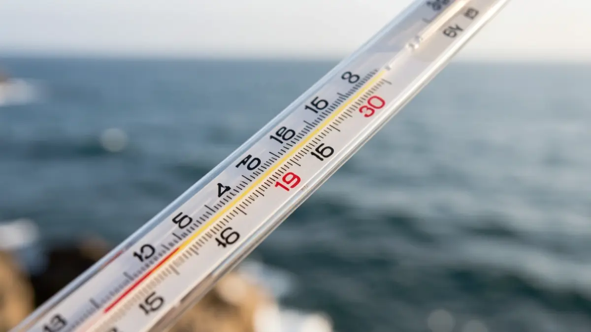 Imaxe xenérica dun termómetro mostrando unha temperatura elevada sobre un fondo mariño.