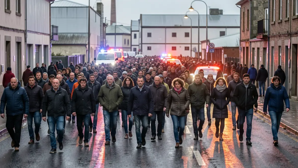 Imagen genérica de una manifestación en Galicia con edificios industriales y luces de emergencia.