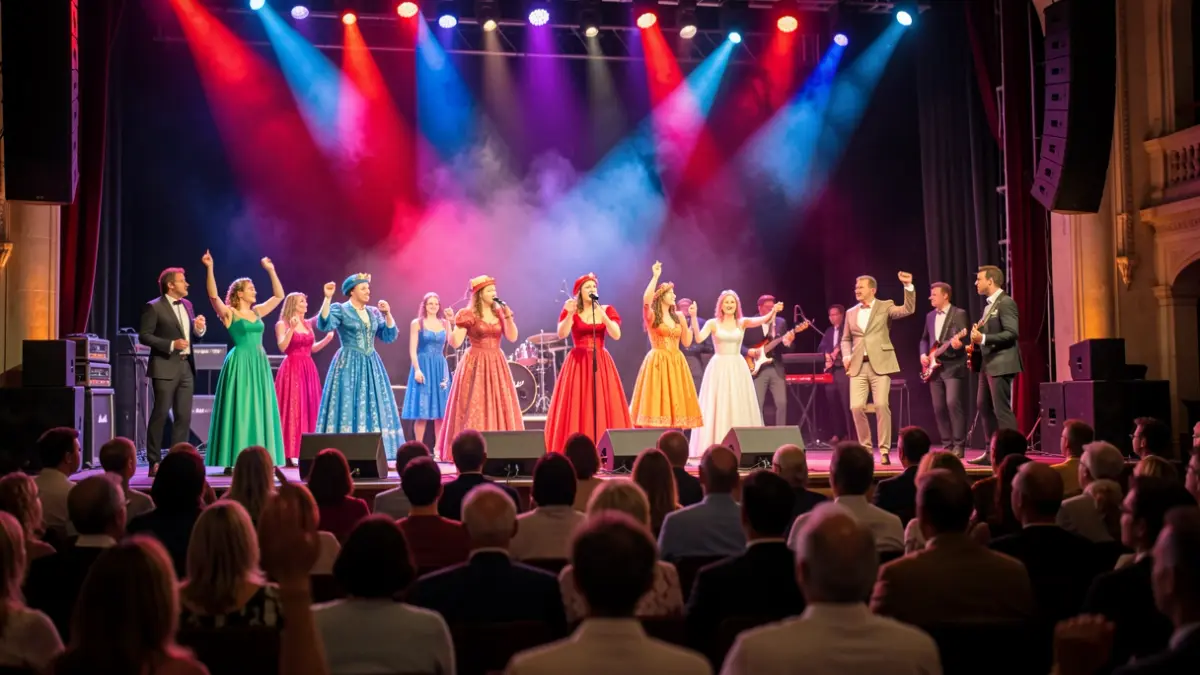 Imagen genérica de un escenario de musical con luces y vestuario colorido.