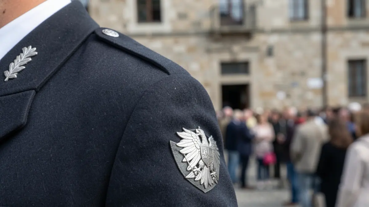 Imagen de un distintivo oficial en un uniforme de la Guardia Civil durante un acto institucional.