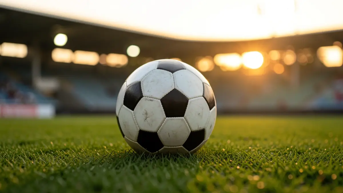 Imagen genérica de un balón de fútbol sobre césped con luces de estadio desenfocadas.