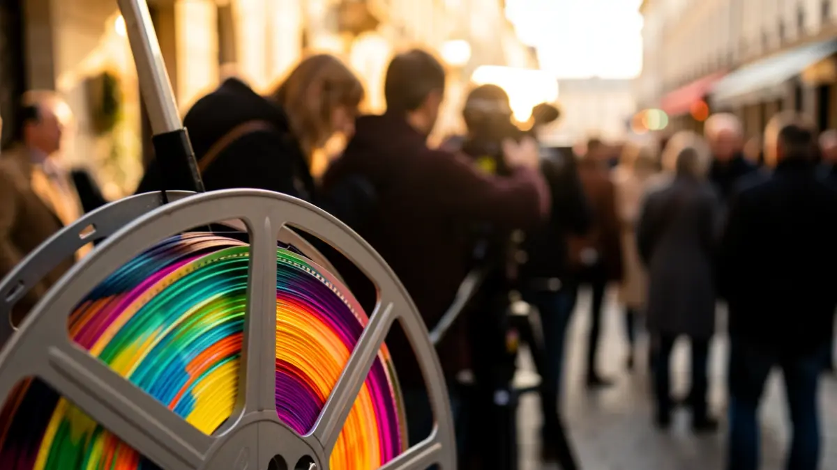 Imagen genérica de un rollo de película con colores vibrantes y siluetas borrosas de trabajadores de cine al fondo.