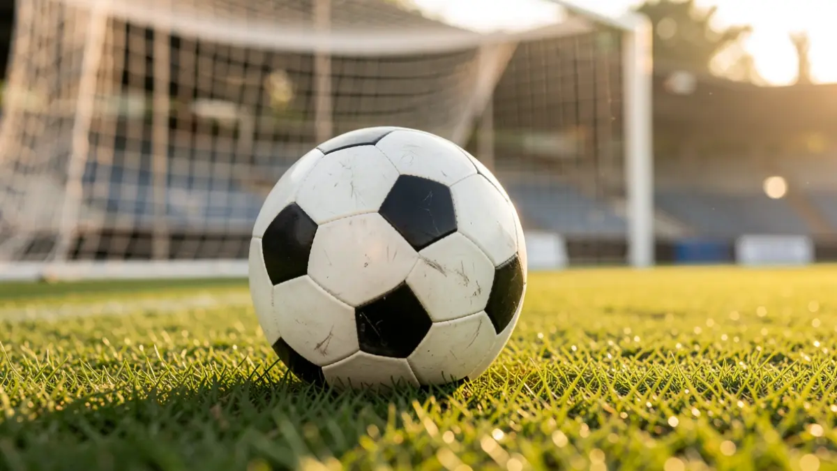 Imaxe xenérica de balón de fútbol sobre herba con rede borrosa ao fondo.