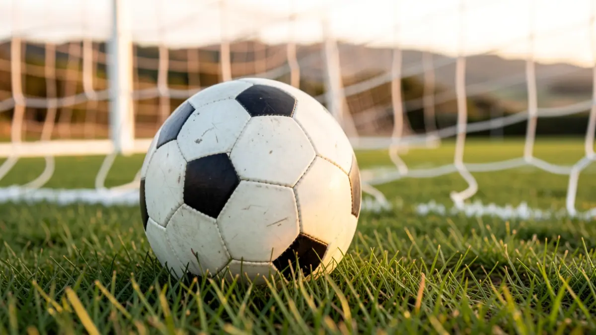 Imaxe xenérica dun balón de fútbol sobre herba recén cortada.