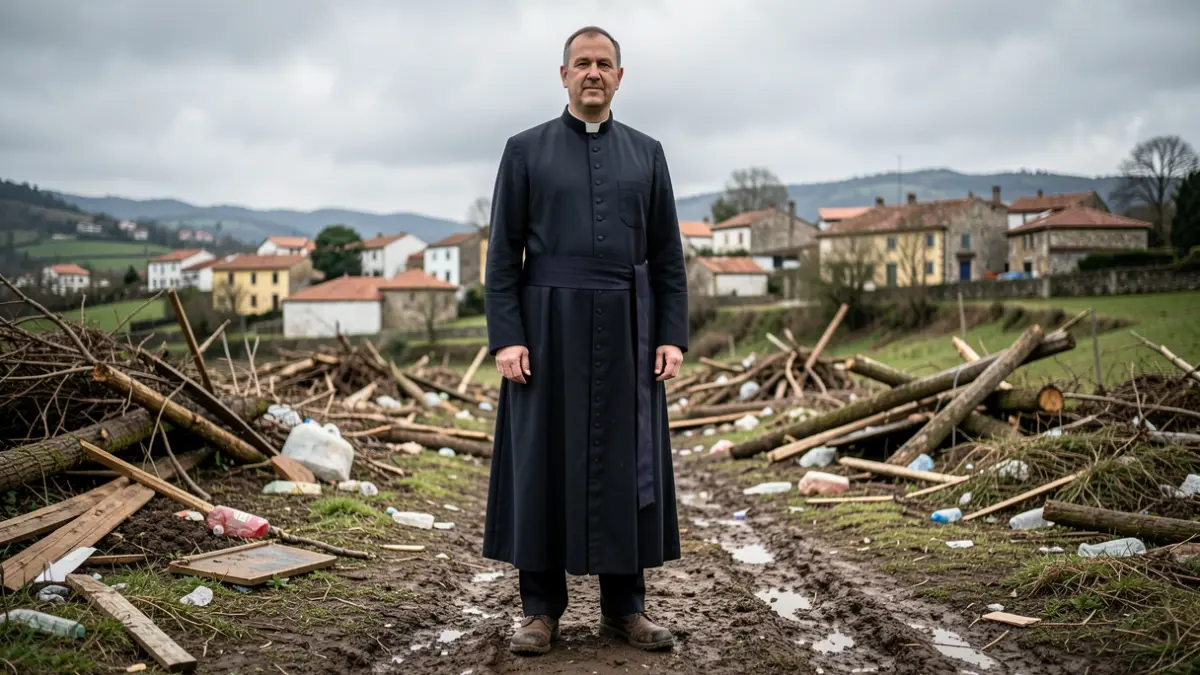 Imaxe xenérica dun sacerdote con botas nunha paisaxe rural afectada por un desastre natural.