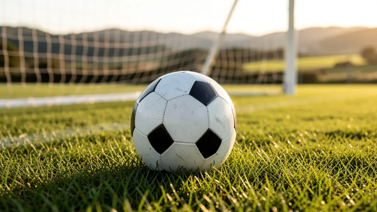 Imagen genérica de un balón de fútbol sobre césped con una portería desenfocada al fondo.