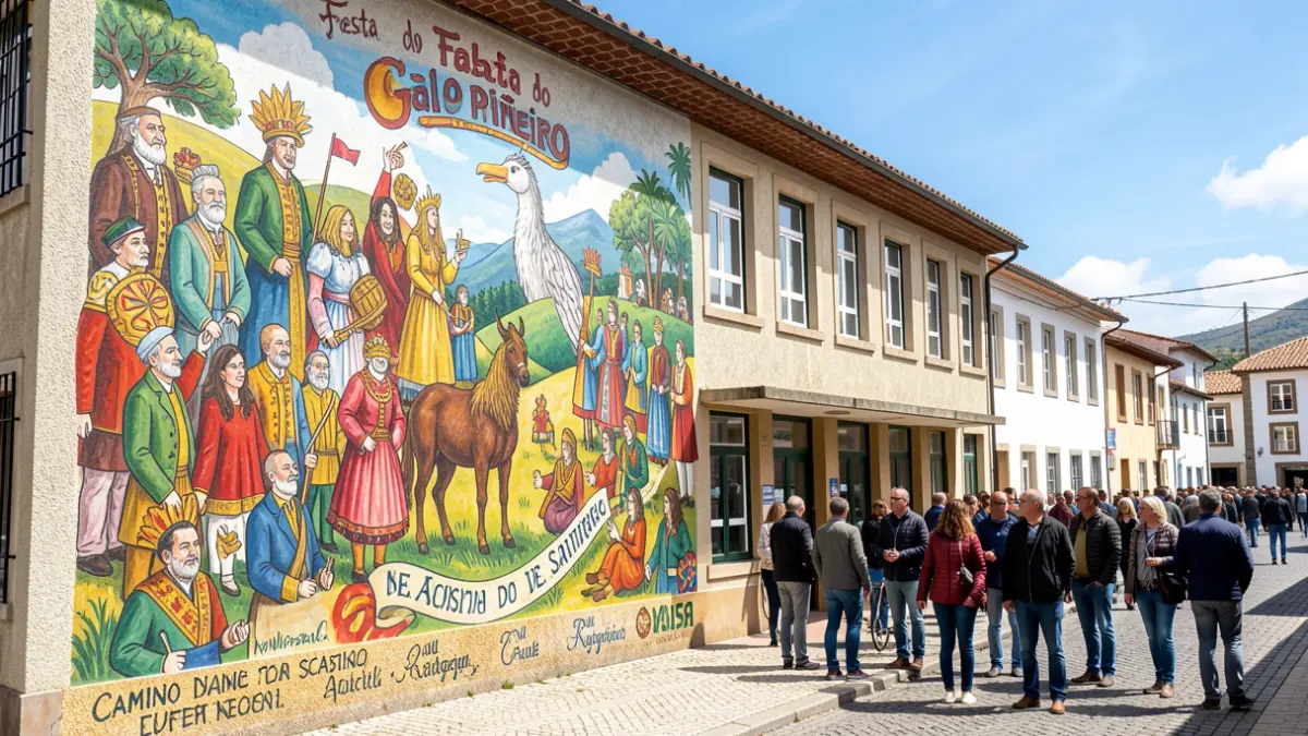 Imagen de un mural artístico que representa elementos de la Festa do Galo Piñeiro y el Camino de Santiago en una pared exterior de un colegio en Galicia.