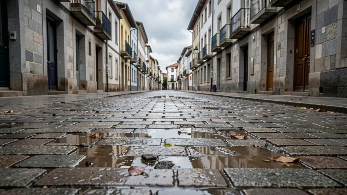 Imaxe xenérica de rúa anegada pola choiva en Pontevedra, con edificios de granito e ceo nubrado.