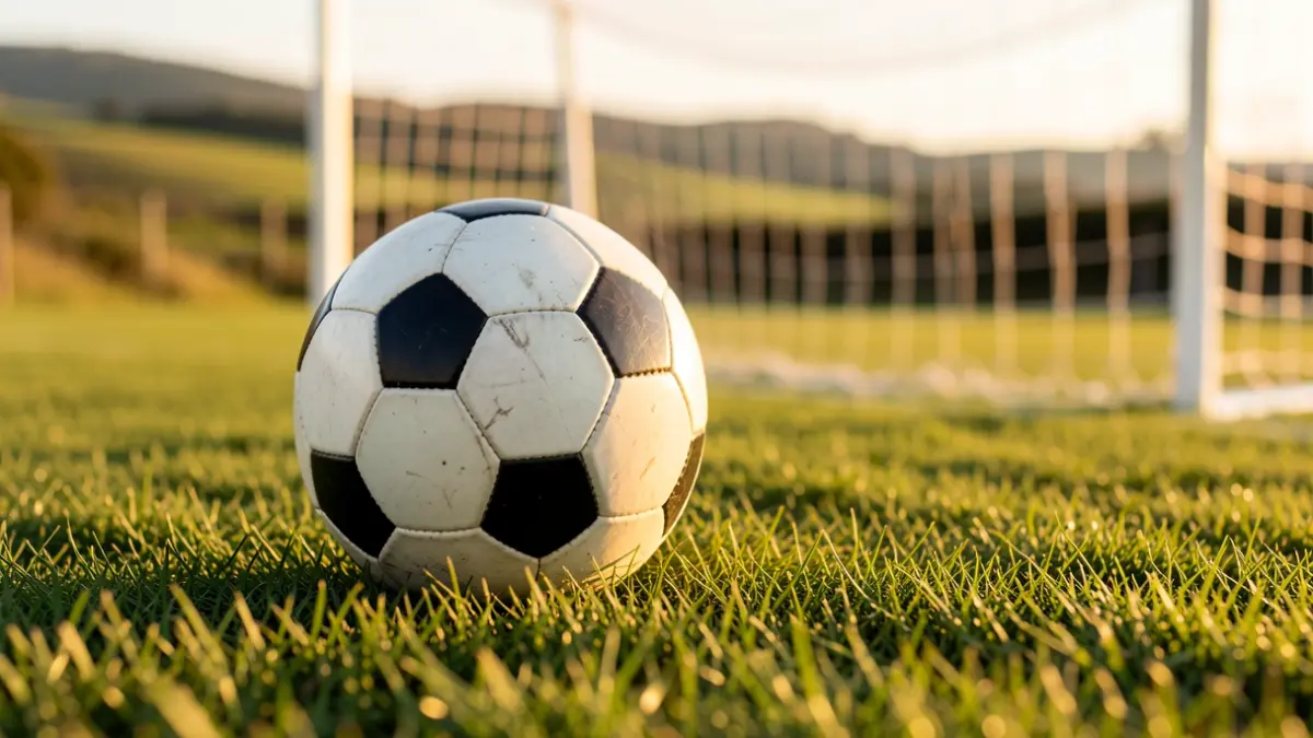 Imagen genérica de un balón de fútbol sobre césped con una red borrosa al fondo.