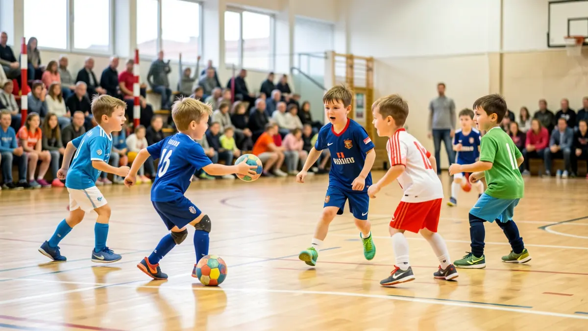 Imagen genérica de niños jugando a balonmano en pistas interiores.