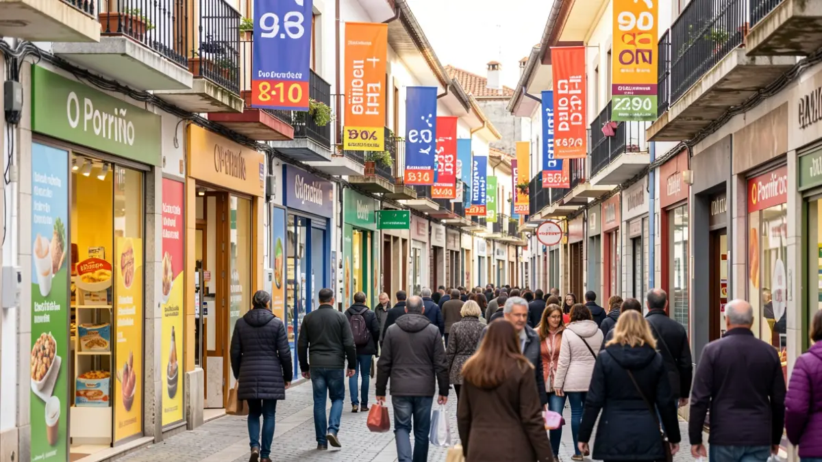 Imagen de una calle comercial en O Porriño durante una campaña de descuentos, con gente comprando y decoración festiva.