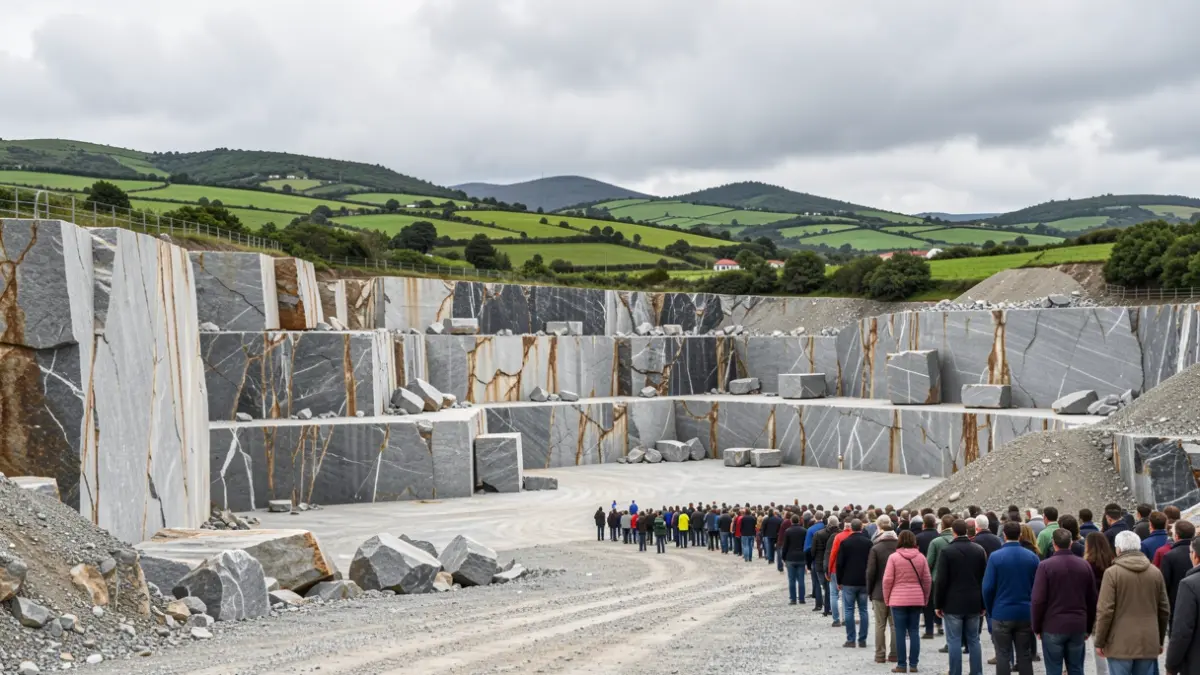 Imagen genérica de una cantera de granito en O Porriño, Galicia, con bloques de piedra natural y colinas verdes al fondo.