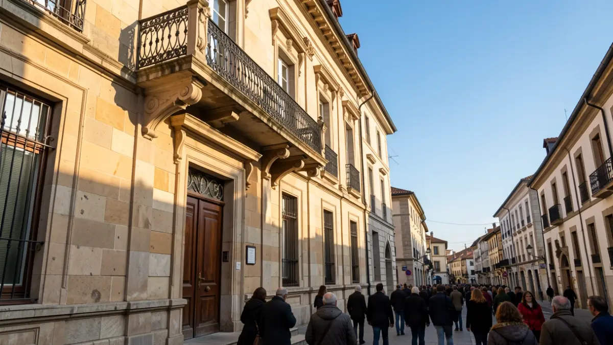 Imaxe xenérica dunha fachada de concello de pedra galego con balcón ornamentado e raís de ferro, luz solar cálida da tarde.