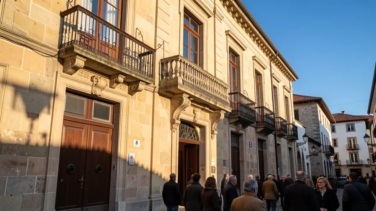 Imaxe xenérica dun edificio institucional galego con detalles de pedra e balcón de ferro baixo a luz do sol da tarde.
