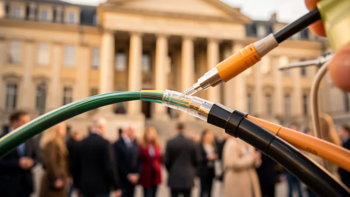 Primeira imaxe dun cable de fibra óptica conectándose, con edificios gobernamentais desenfocados ao fondo.