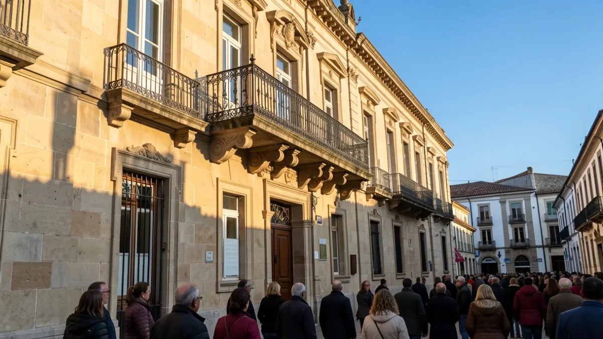 Imagen genérica de un ayuntamiento de piedra con balcón ornamentado y barandillas de hierro, luz solar cálida de la tarde.