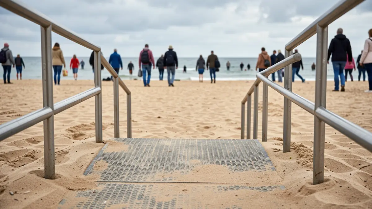 Imaxe xenérica dunha pasarela de praia con problemas de accesibilidade.