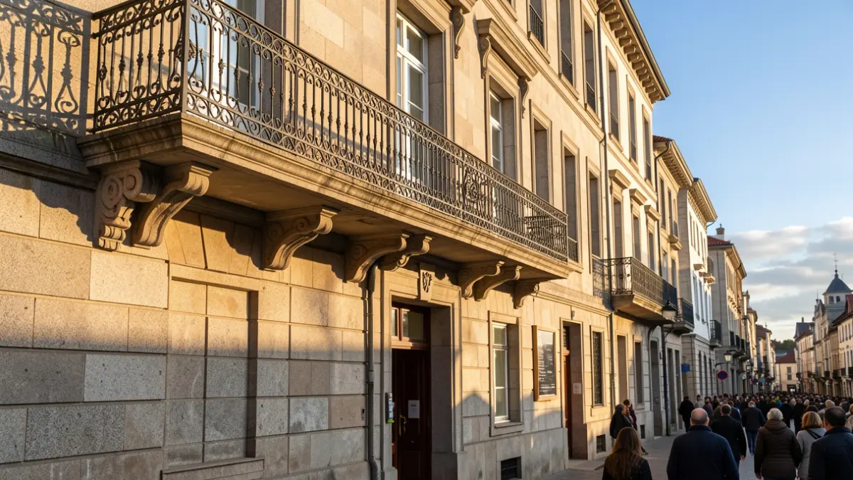 Imagen genérica de una casa consistorial de granito gallega con balcón de hierro, a la luz del sol de la tarde.