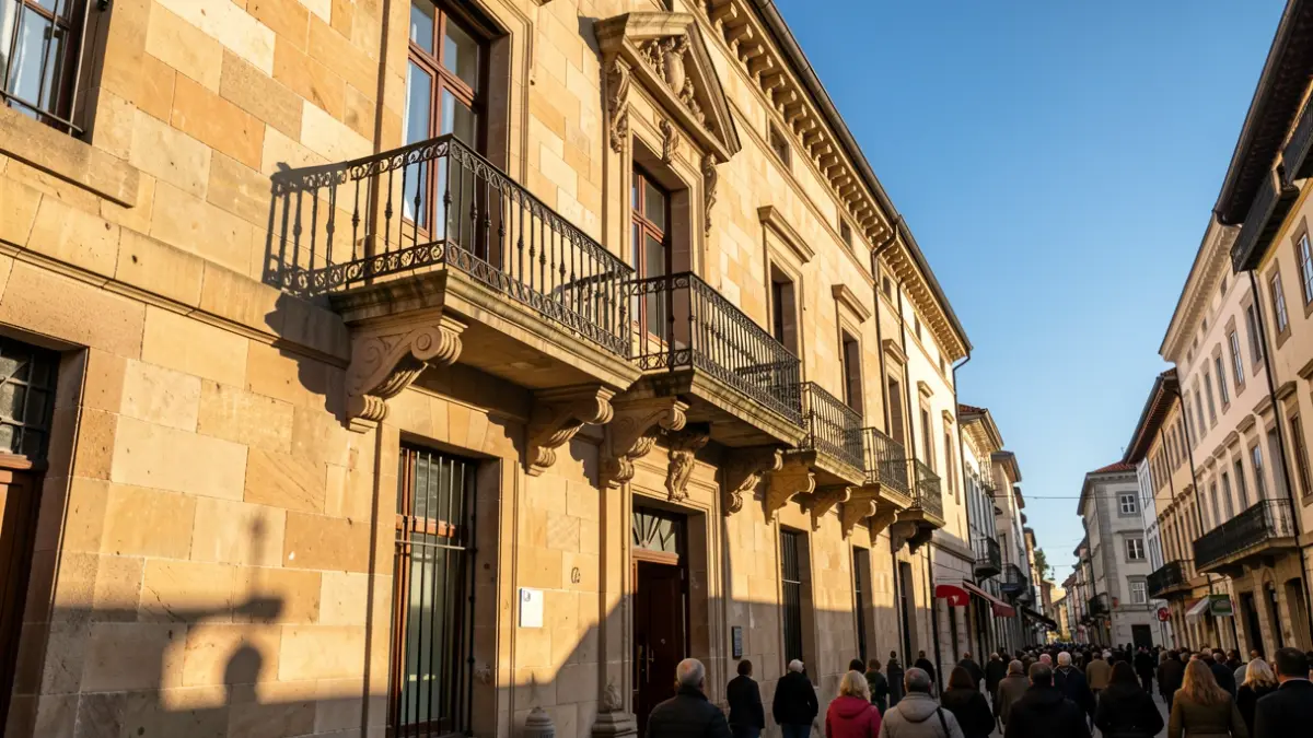 Imagen genérica de un edificio institucional de piedra con balcón y barandillas de hierro, bajo la luz del sol de la tarde.