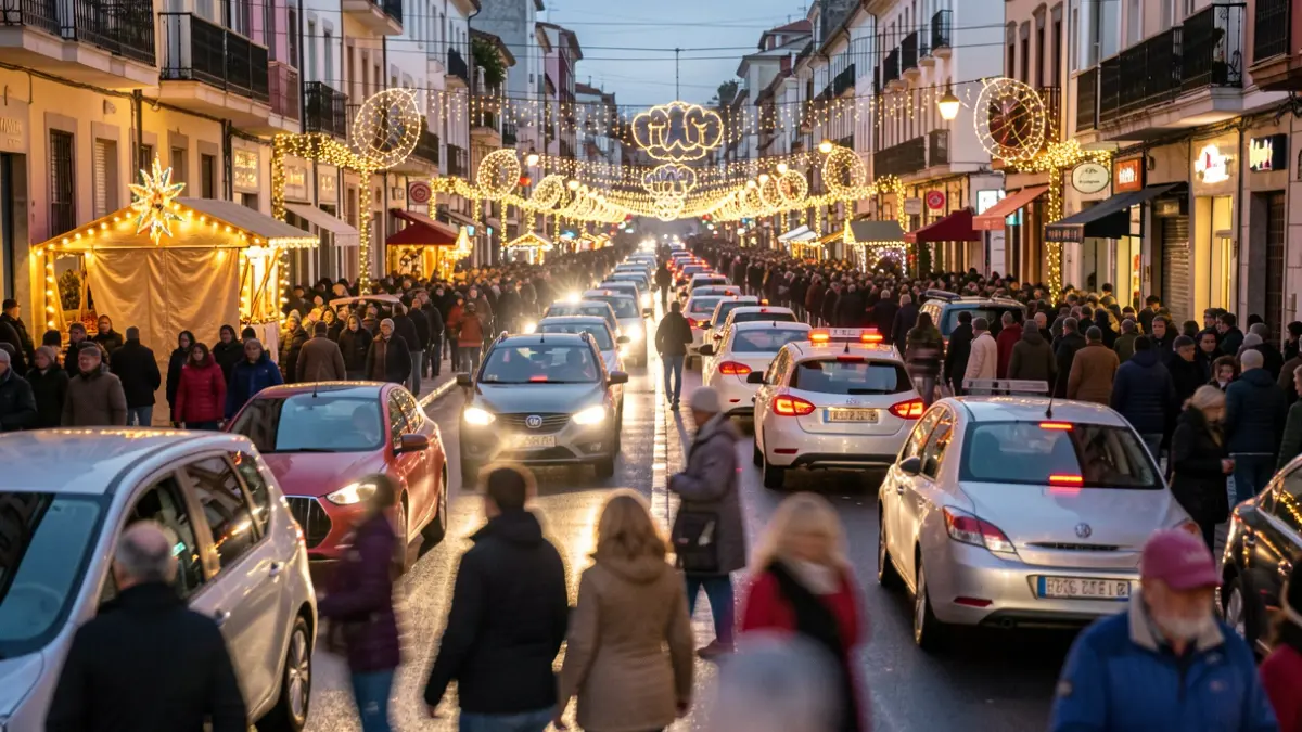 Imaxe xenérica de rúas de Ourense con xente e luces festivas.