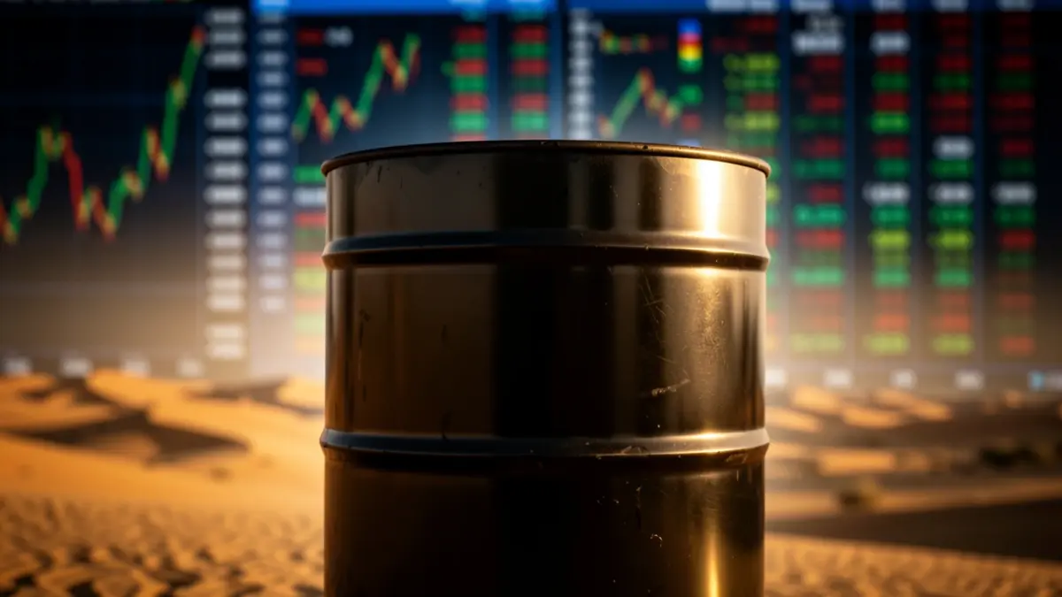Imaxe xenérica de barrís de petróleo e gráficos bursátiles.