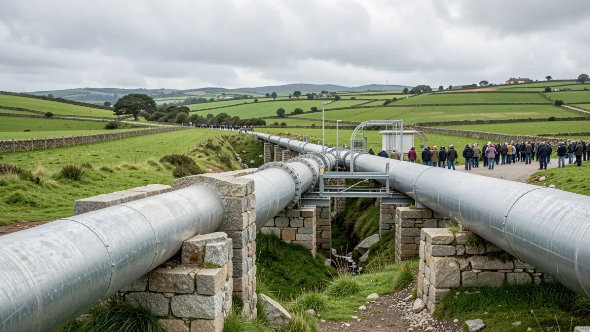 Imaxe xenérica de construción dun gran gasoduto nunha paisaxe galega.