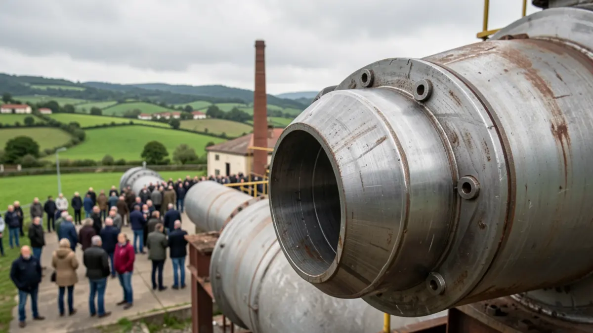 Imaxe dun gran tubo de aceiro industrial nunha paisaxe galega.