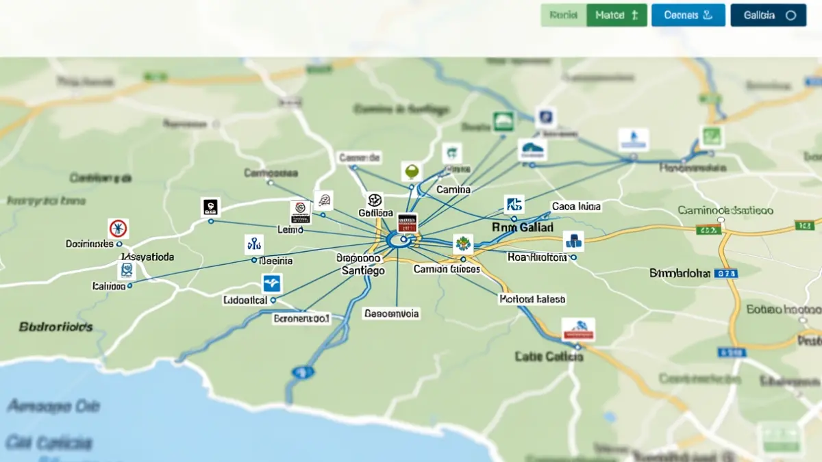 Imagen de un mapa digital que muestra nodos interconectados representando negocios y servicios locales en Galicia, con las rutas del Camino de Santiago resaltadas.