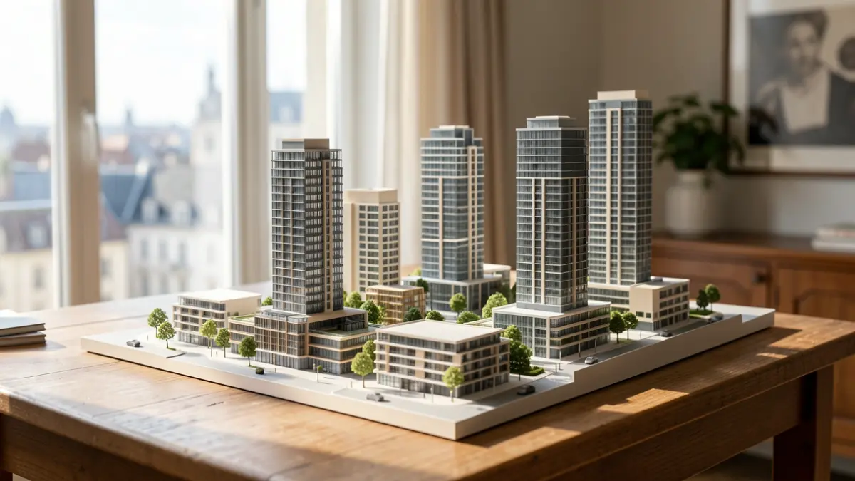 Maqueta dun proxecto urbanístico con torres de vivendas.