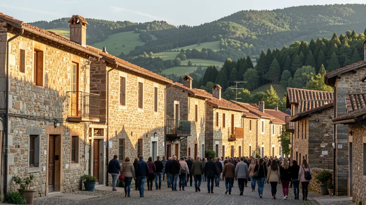 Imaxe xenérica dunha aldea rehabilitada en Galicia con edificios de pedra e paisaxe verde.