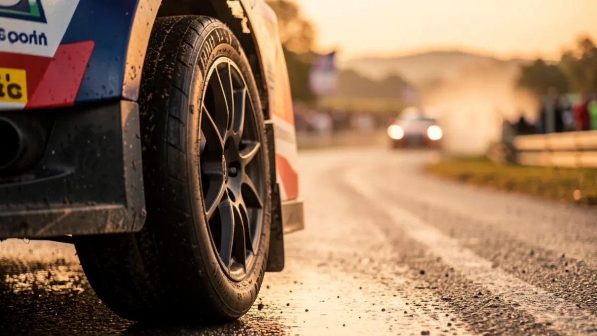 Imaxe dun pneumático de coche de rally sobre asfalto mollado durante unha competición.